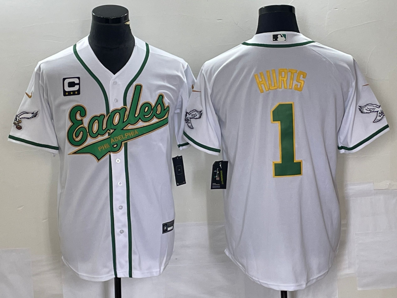 Men's Philadelphia Eagles #1 Jalen Hurts White Gold With C Patch Cool Base Stitched Baseball Jersey Men's Philadelphia Eagles #1 Jalen Hurts White Gold With C Patch Cool Base Stitched Baseball Jersey